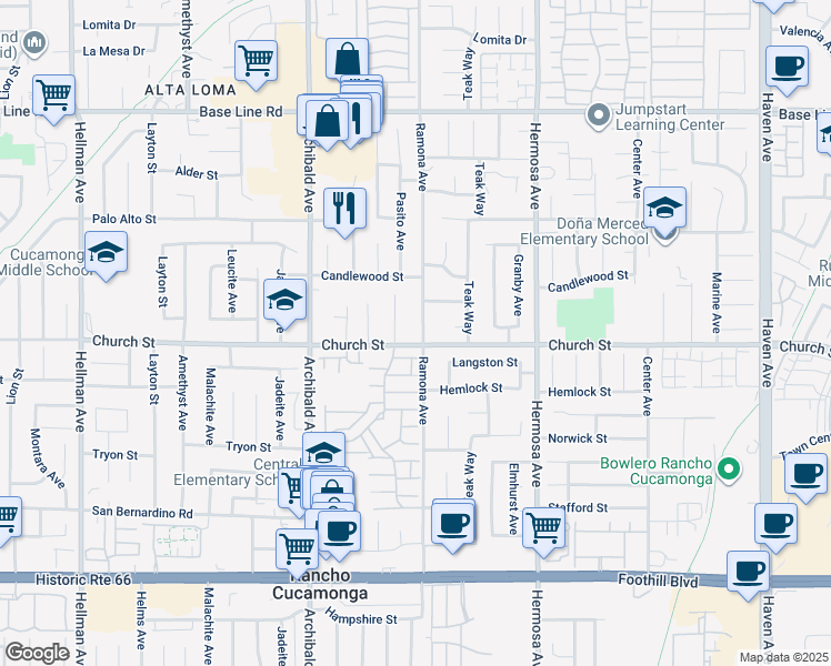 map of restaurants, bars, coffee shops, grocery stores, and more near 7678 Ramona Avenue in Rancho Cucamonga
