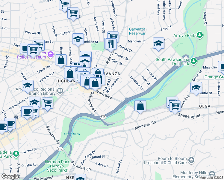 map of restaurants, bars, coffee shops, grocery stores, and more near 126 North Avenue 66 in Los Angeles