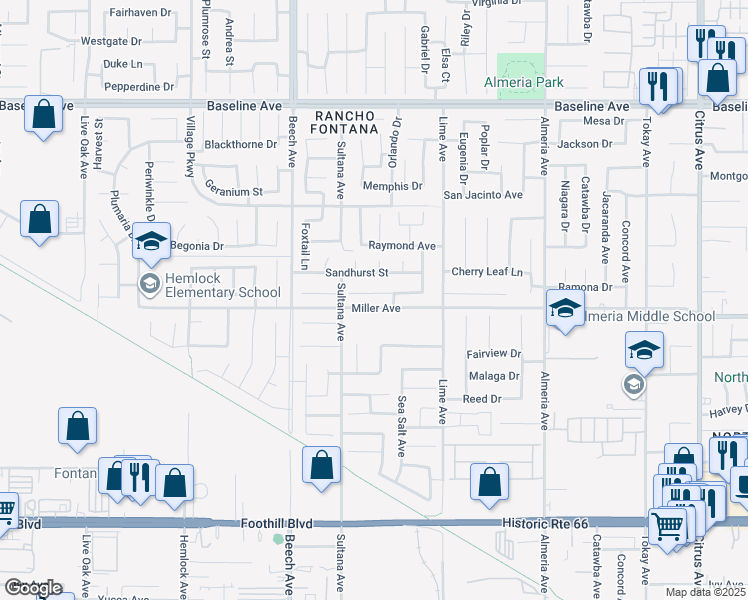 map of restaurants, bars, coffee shops, grocery stores, and more near 15441 Ramona Avenue in Fontana