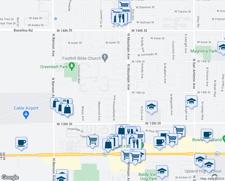 map of restaurants, bars, coffee shops, grocery stores, and more near 1277 West 14th Street in Upland