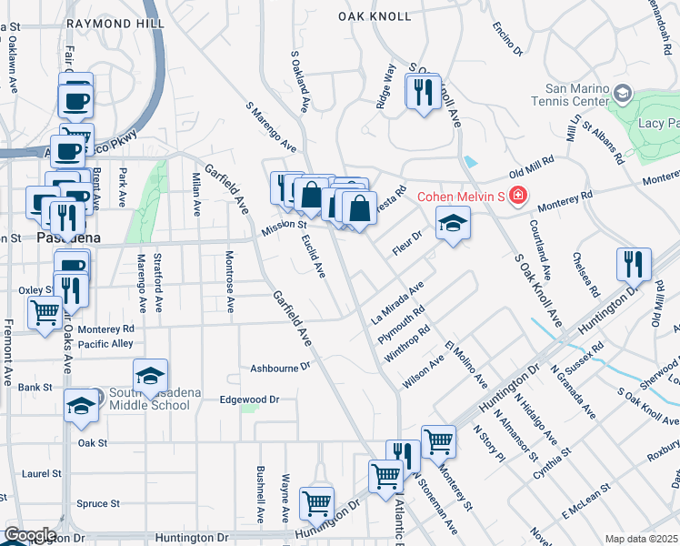 map of restaurants, bars, coffee shops, grocery stores, and more near 1897 South Los Robles Avenue in San Marino