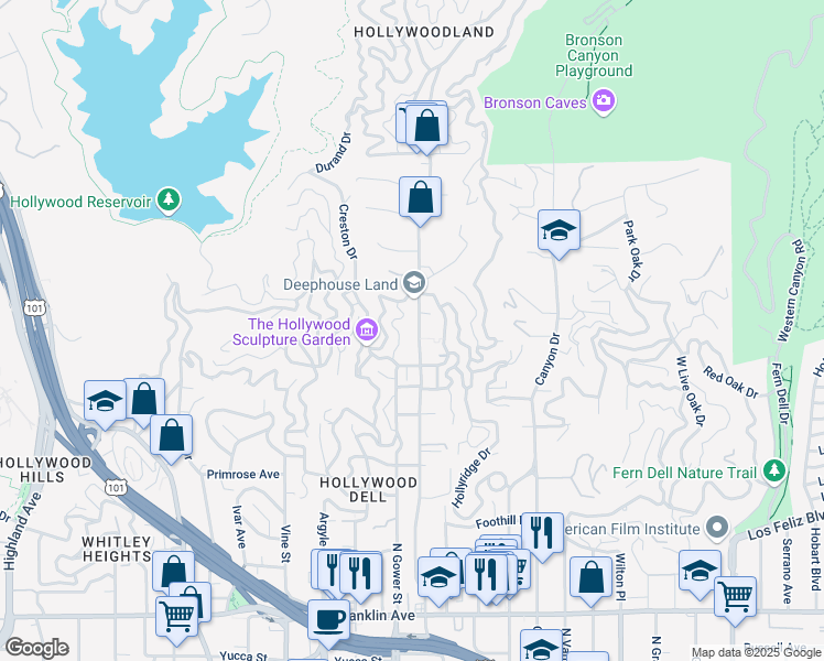 map of restaurants, bars, coffee shops, grocery stores, and more near 2447 North Beachwood Drive in Los Angeles