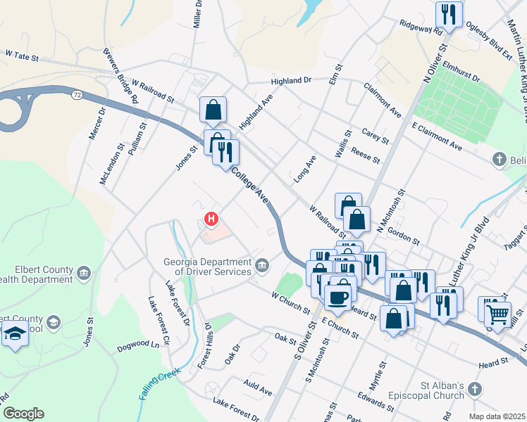 map of restaurants, bars, coffee shops, grocery stores, and more near 125 College Avenue in Elberton