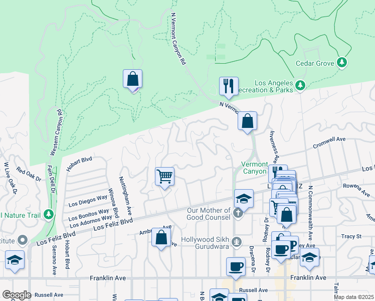 map of restaurants, bars, coffee shops, grocery stores, and more near 4835 Glencairn Road in Los Angeles