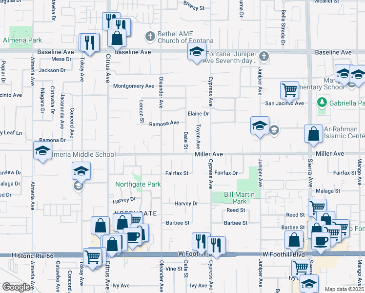 map of restaurants, bars, coffee shops, grocery stores, and more near 7670 Date Street in Fontana
