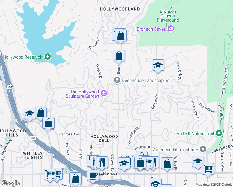 map of restaurants, bars, coffee shops, grocery stores, and more near 2447 N Beachwood Dr in Los Angeles