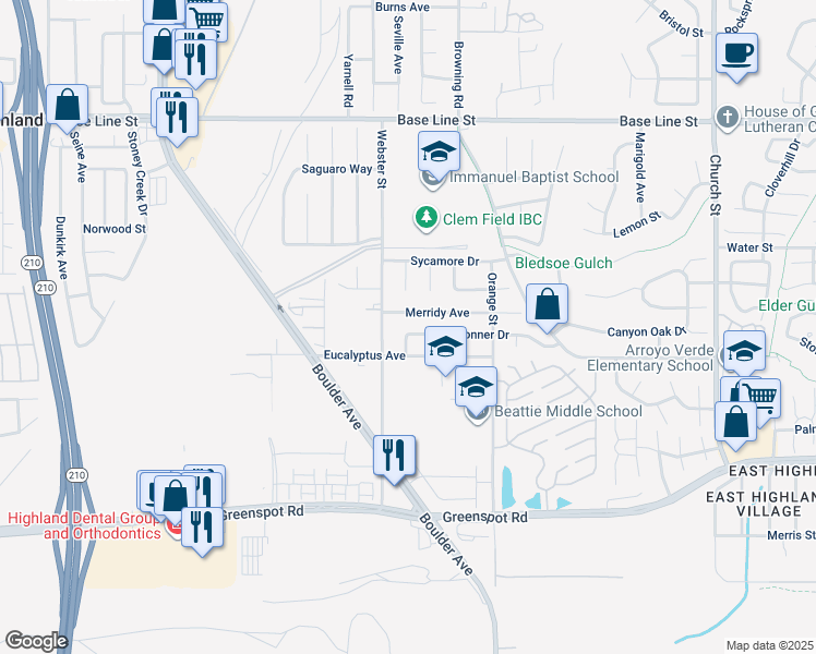map of restaurants, bars, coffee shops, grocery stores, and more near 28348 Tonner Drive in Highland
