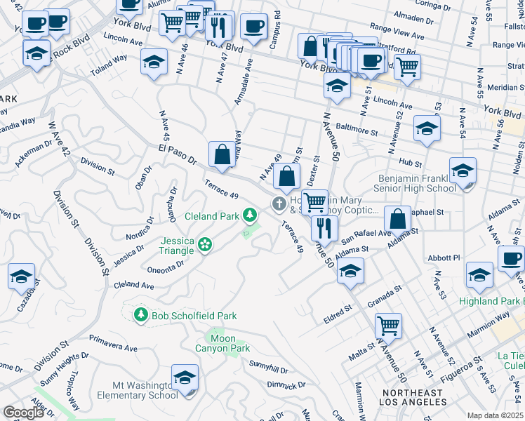 map of restaurants, bars, coffee shops, grocery stores, and more near Terrace 49 in Los Angeles