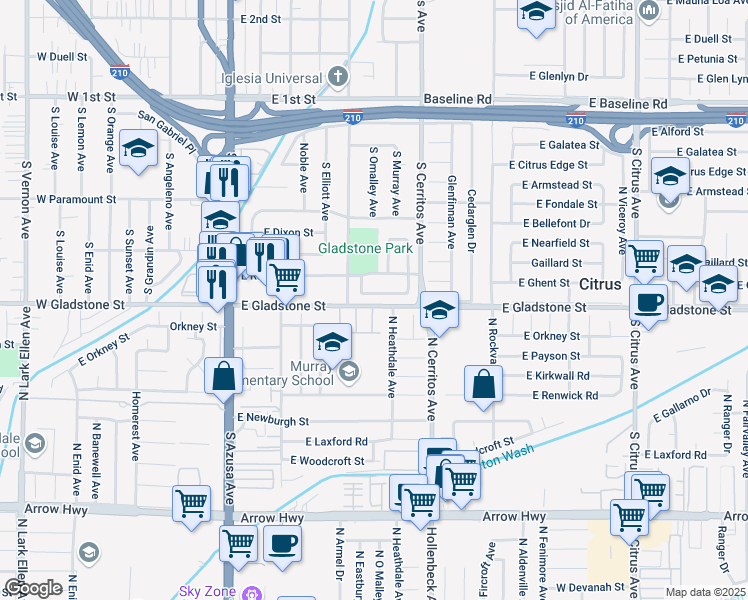 map of restaurants, bars, coffee shops, grocery stores, and more near 520 Celeste Street in Azusa