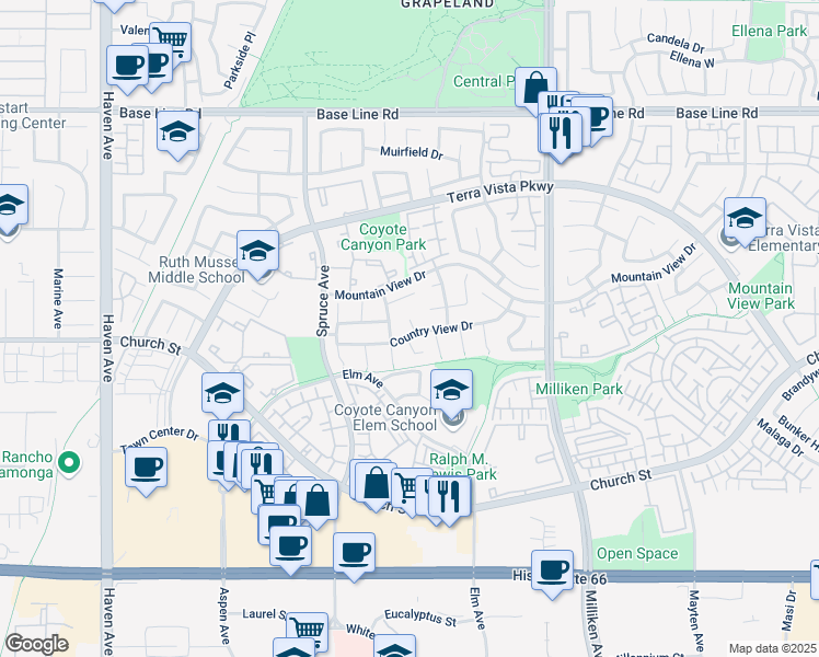 map of restaurants, bars, coffee shops, grocery stores, and more near 11054 Country View Drive in Rancho Cucamonga