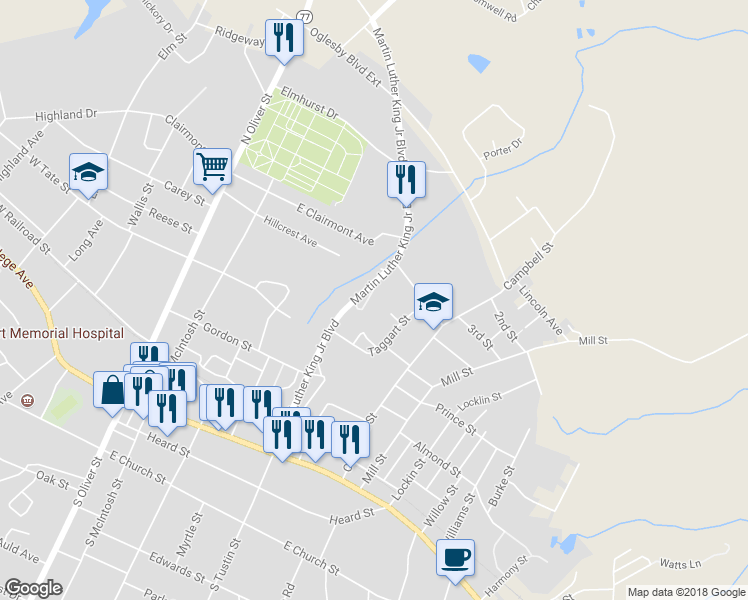map of restaurants, bars, coffee shops, grocery stores, and more near 344 Martin Luther King Junior Boulevard in Elberton
