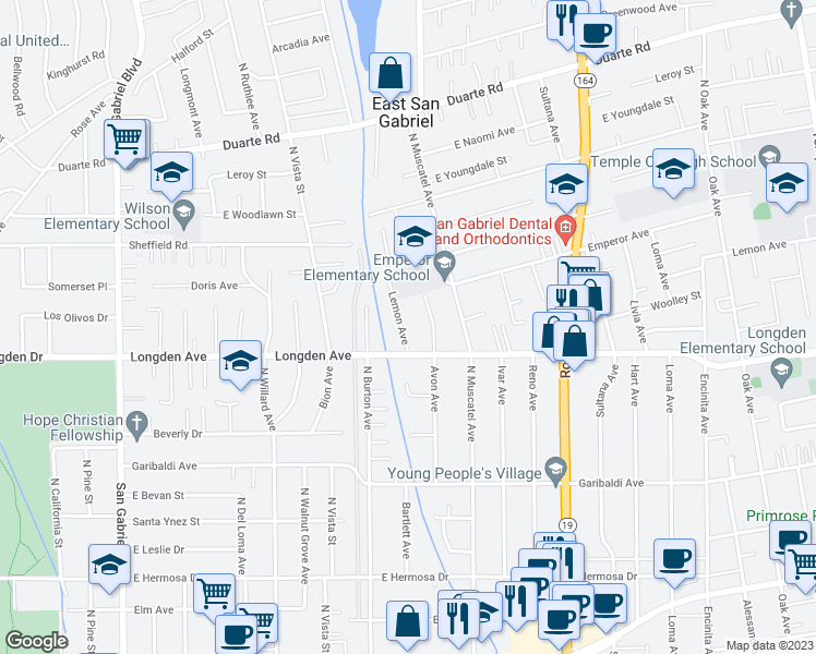 map of restaurants, bars, coffee shops, grocery stores, and more near 6330 Lemon Avenue in San Gabriel