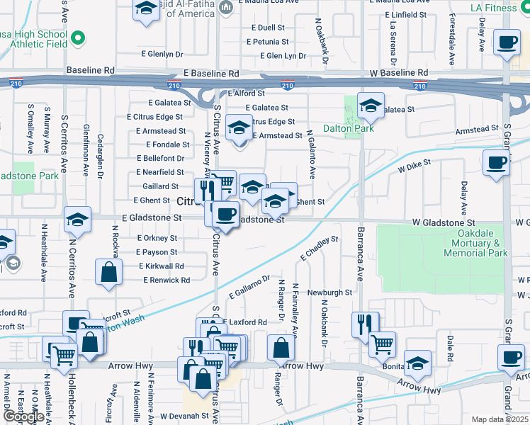 map of restaurants, bars, coffee shops, grocery stores, and more near 443 South Fairvale Avenue in Azusa