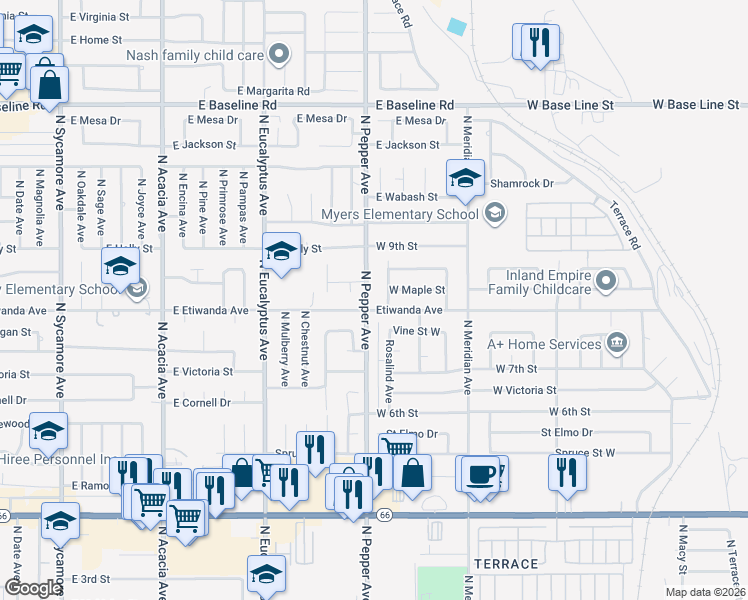 map of restaurants, bars, coffee shops, grocery stores, and more near 815 North Pepper Avenue in Rialto