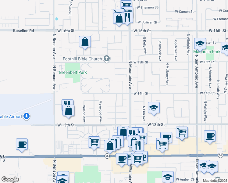 map of restaurants, bars, coffee shops, grocery stores, and more near 1277 West 14th Street in Upland