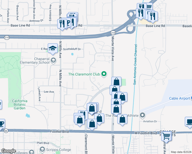 map of restaurants, bars, coffee shops, grocery stores, and more near 1777 Monte Vista Avenue in Claremont