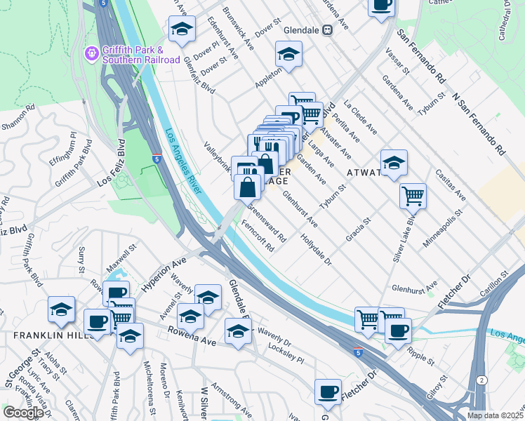 map of restaurants, bars, coffee shops, grocery stores, and more near 3521 Greensward Rd in Los Angeles