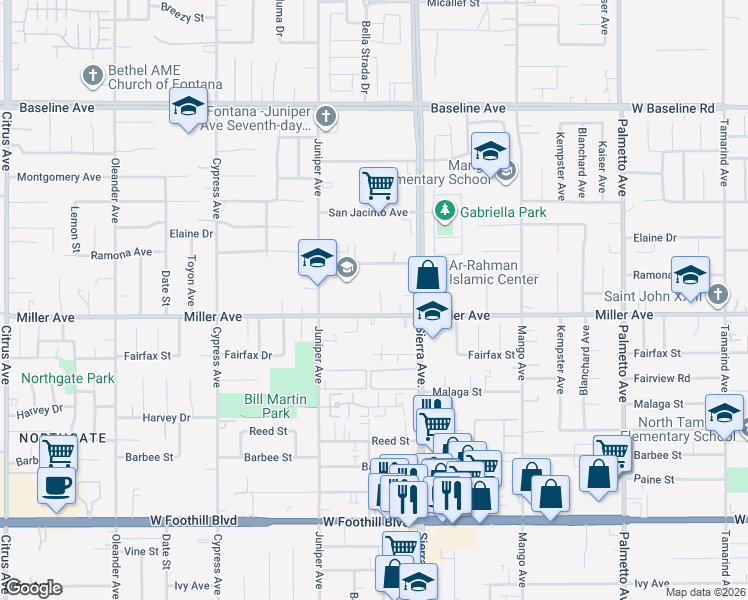 map of restaurants, bars, coffee shops, grocery stores, and more near 7680 Bennett Avenue in Fontana