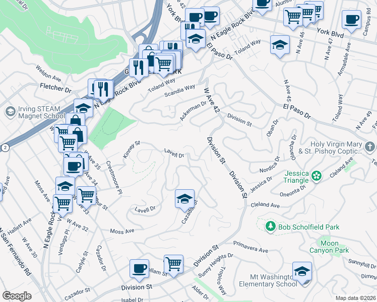 map of restaurants, bars, coffee shops, grocery stores, and more near 3845 Lavell Drive in Los Angeles