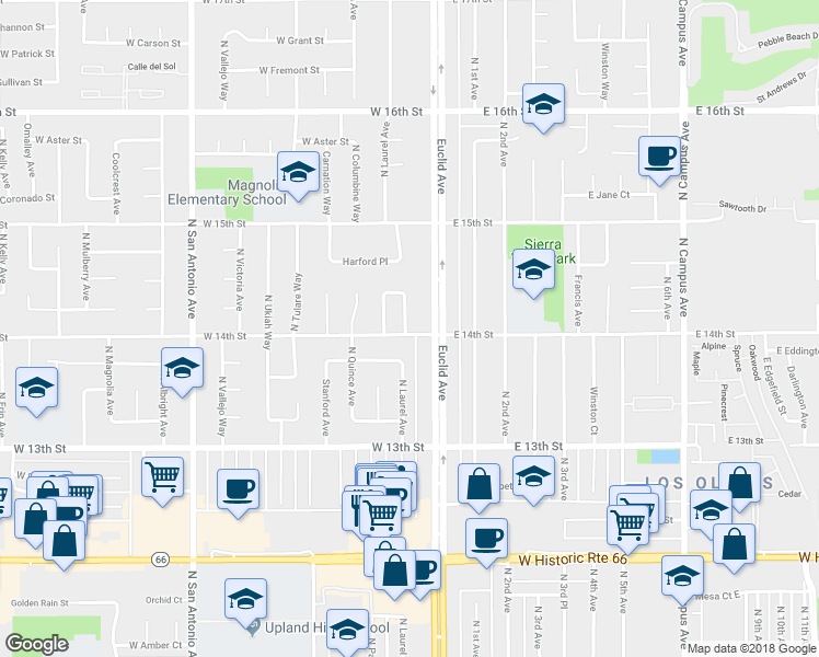 map of restaurants, bars, coffee shops, grocery stores, and more near 1404 North Laurel Avenue in Upland