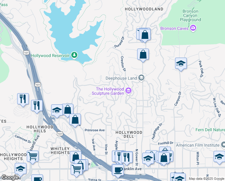 map of restaurants, bars, coffee shops, grocery stores, and more near 631 Grape Place in Los Angeles