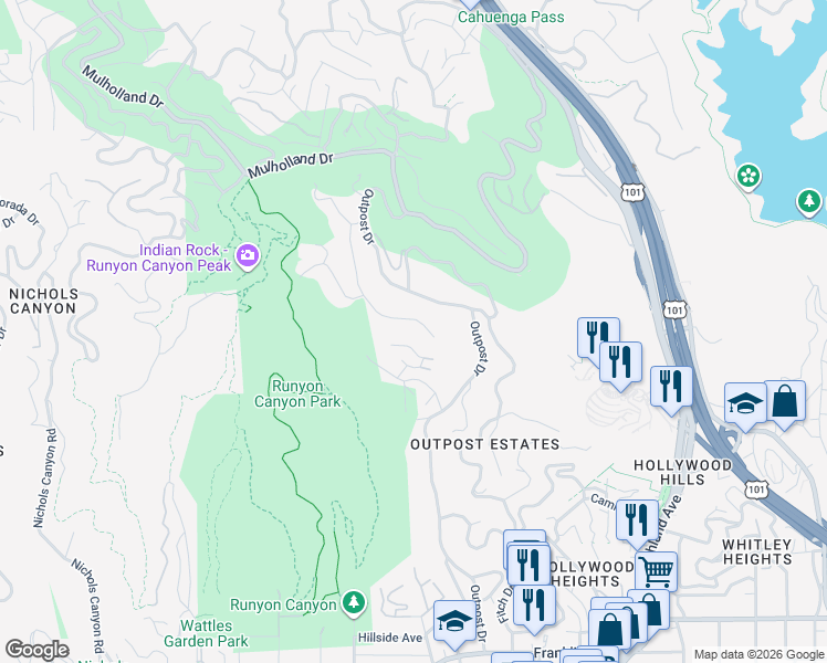map of restaurants, bars, coffee shops, grocery stores, and more near 2431 Carman Crest Drive in Los Angeles