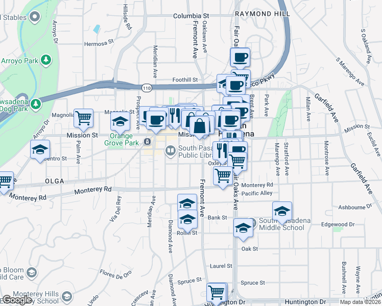 map of restaurants, bars, coffee shops, grocery stores, and more near 1149 El Centro Street in South Pasadena