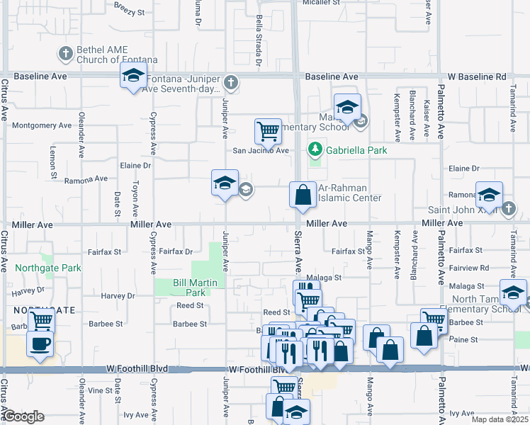 map of restaurants, bars, coffee shops, grocery stores, and more near 7680 Bennett Avenue in Fontana