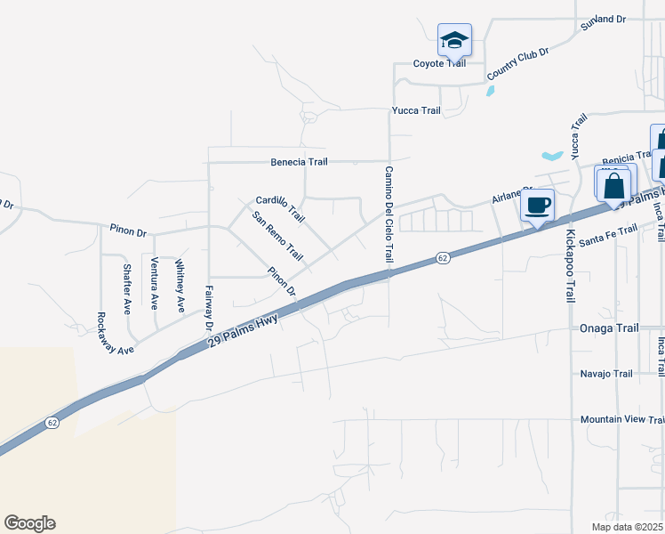 map of restaurants, bars, coffee shops, grocery stores, and more near Cardillo Trail in Yucca Valley