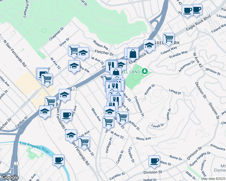 map of restaurants, bars, coffee shops, grocery stores, and more near 3416 Eagle Rock Boulevard in Los Angeles