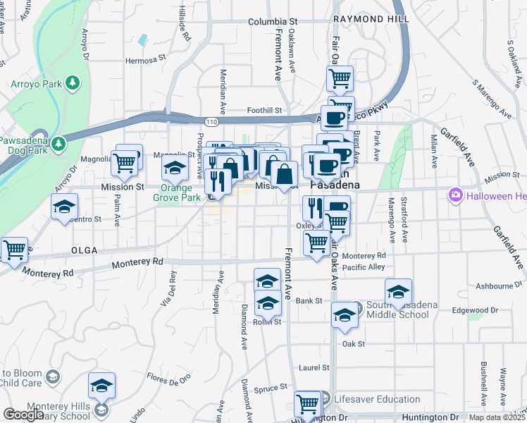 map of restaurants, bars, coffee shops, grocery stores, and more near 1131 El Centro Street in South Pasadena