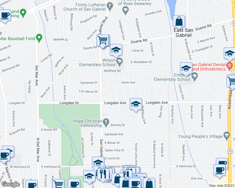 map of restaurants, bars, coffee shops, grocery stores, and more near 6335 North Charlotte Avenue in San Gabriel
