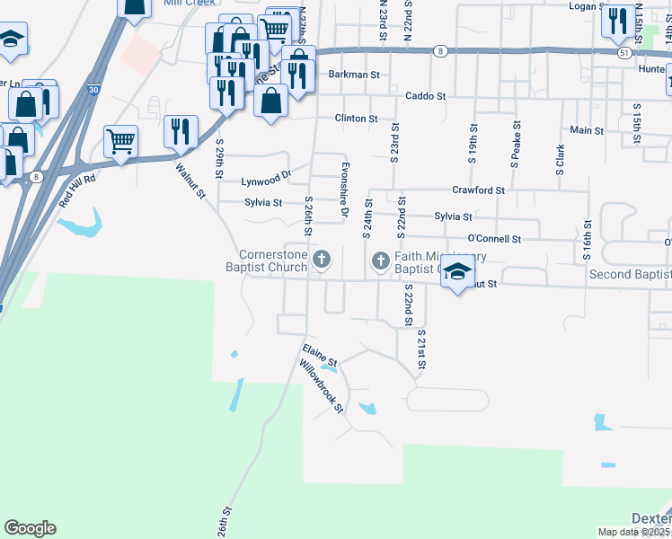 map of restaurants, bars, coffee shops, grocery stores, and more near 814 S 25th St in Arkadelphia