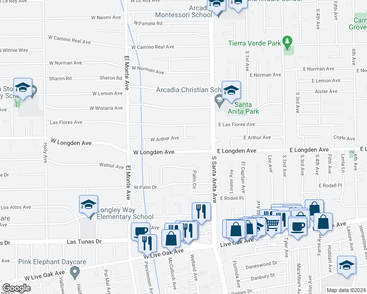 map of restaurants, bars, coffee shops, grocery stores, and more near 55 West Longden Avenue in Arcadia