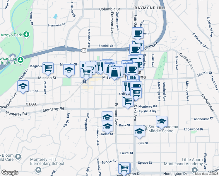 map of restaurants, bars, coffee shops, grocery stores, and more near 1149 El Centro Street in South Pasadena