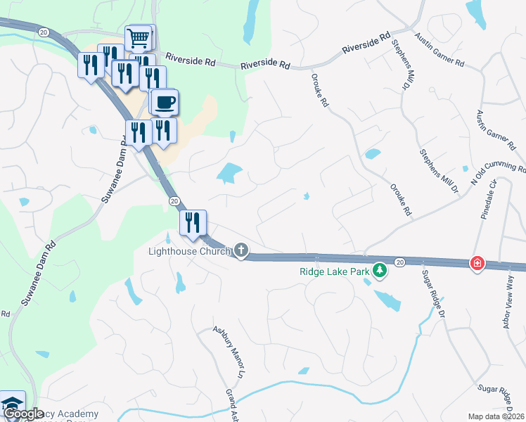 map of restaurants, bars, coffee shops, grocery stores, and more near 5633 Benefield Road Northeast in Buford
