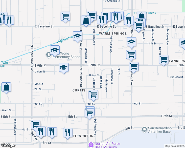 map of restaurants, bars, coffee shops, grocery stores, and more near 7672 Del Rosa Avenue in San Bernardino