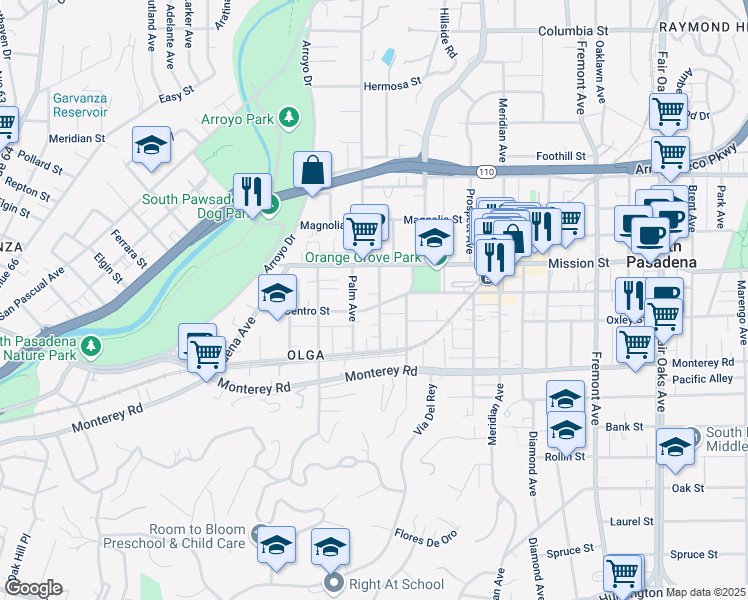 map of restaurants, bars, coffee shops, grocery stores, and more near 624 El Centro Street in South Pasadena