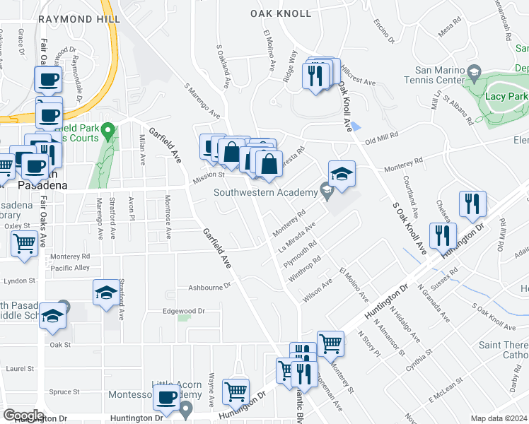 map of restaurants, bars, coffee shops, grocery stores, and more near 1900 Montrobles Place in San Marino