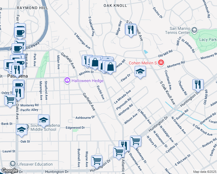 map of restaurants, bars, coffee shops, grocery stores, and more near 1900 Montrobles Place in San Marino