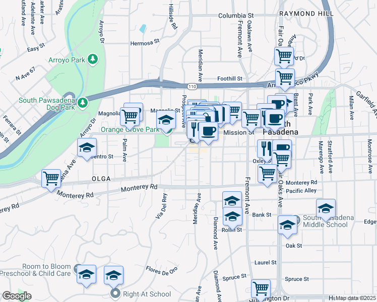 map of restaurants, bars, coffee shops, grocery stores, and more near 901 El Centro Street in South Pasadena