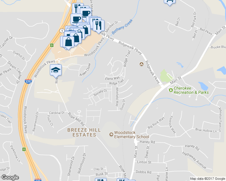map of restaurants, bars, coffee shops, grocery stores, and more near 317 Antebellum Place in Woodstock