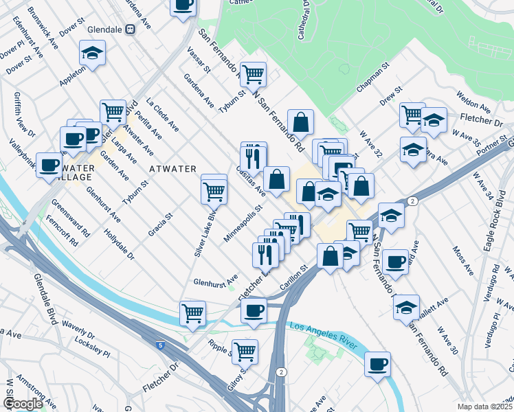 map of restaurants, bars, coffee shops, grocery stores, and more near 3201 La Clede Avenue in Los Angeles