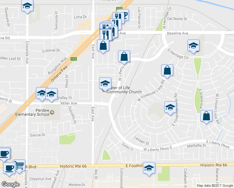map of restaurants, bars, coffee shops, grocery stores, and more near 7662 Bear Creek Drive in Fontana