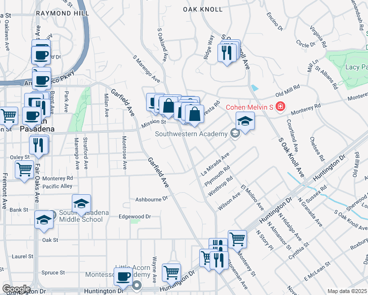 map of restaurants, bars, coffee shops, grocery stores, and more near 1897 South Los Robles Avenue in San Marino