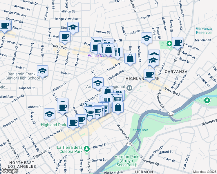 map of restaurants, bars, coffee shops, grocery stores, and more near 6121 Monte Vista Street in Los Angeles