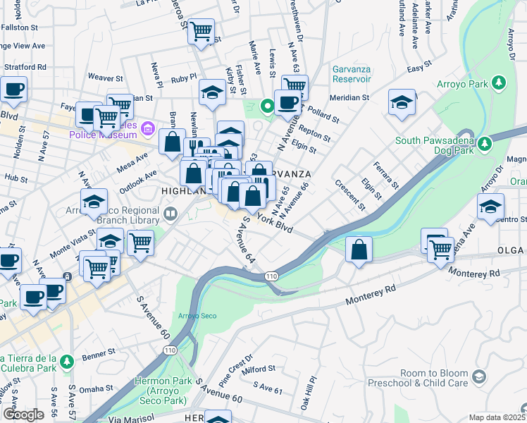 map of restaurants, bars, coffee shops, grocery stores, and more near 6421 York Boulevard in Los Angeles