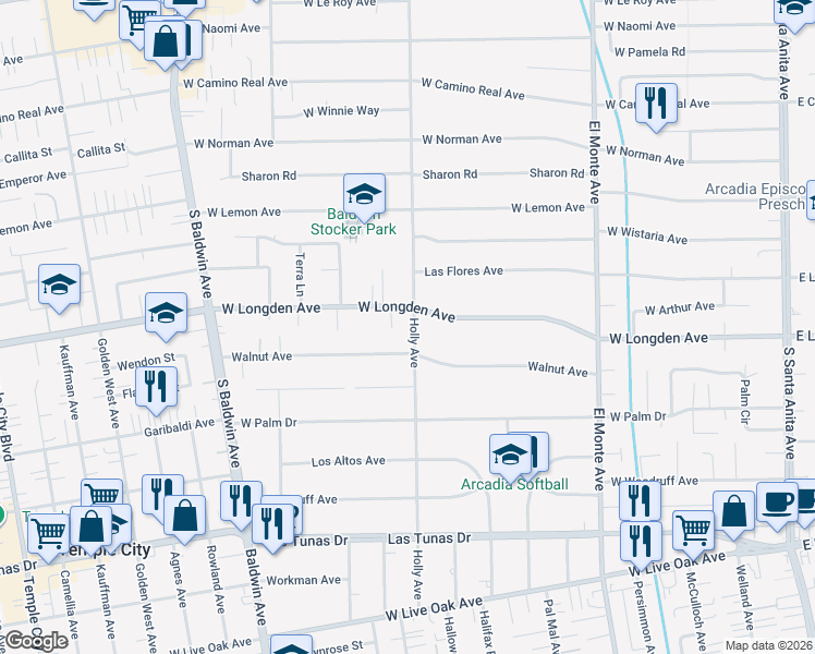 map of restaurants, bars, coffee shops, grocery stores, and more near 2115 Holly Avenue in Arcadia