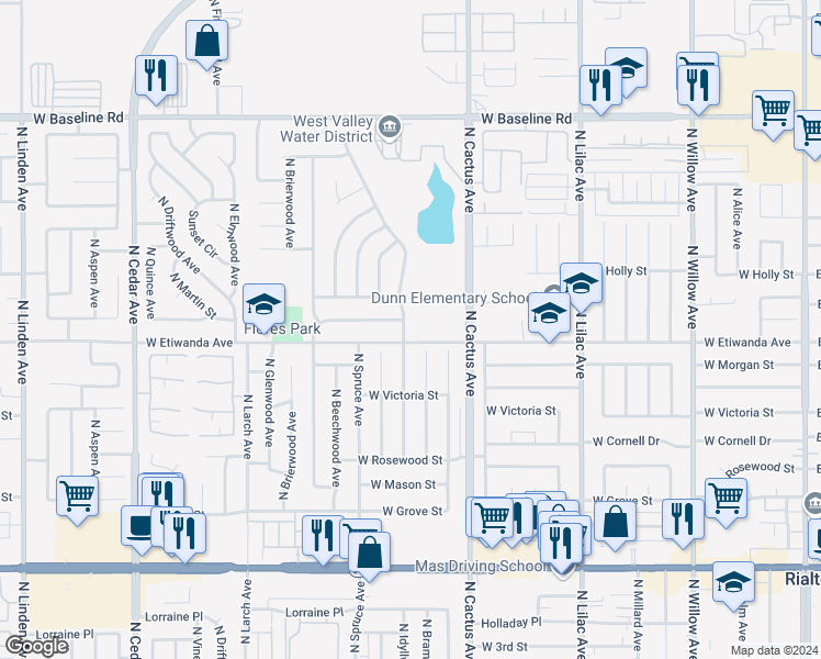 map of restaurants, bars, coffee shops, grocery stores, and more near 825 North Idyllwild Avenue in Rialto