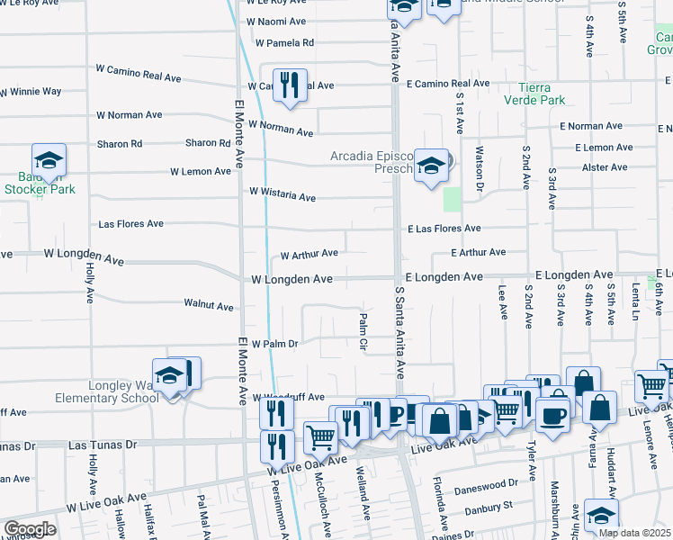 map of restaurants, bars, coffee shops, grocery stores, and more near 55 West Longden Avenue in Arcadia